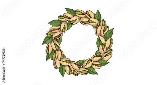 A delicate wreath crafted from natural pistachios and fresh green leaves.