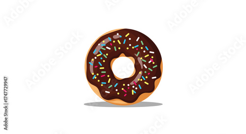 A delicious chocolate frosted doughnut with colorful sprinkles on a white background.