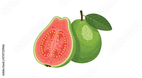 Juicy pink guava cut in half with a whole green guava next to it with a leaf.