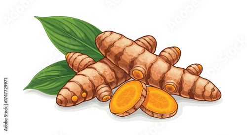 Fresh turmeric rhizomes with green leaves and sliced pieces showcasing vibrant orange flesh.