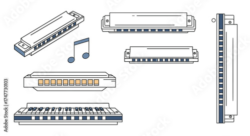 A collection of musical instruments with a keyboard-like design and reeds.