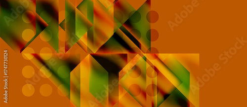 Abstract geometric composition. Orange background features overlapping triangles, circles, gradients. Modern design, vibrant colors, dynamic shapes.