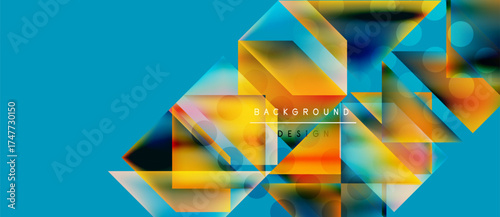 Abstract geometric shapes overlap vibrant blue backdrop. Orange, yellow hues create dynamic visual effect. Modern design element.