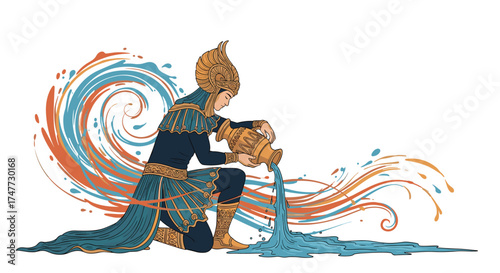 An ancient figure pours water from a jug creating colorful waves.