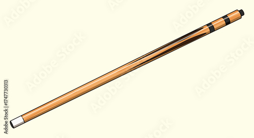 A close up view of a billiard cue stick made of light brown wood with brown and black grip detailing on a white background.