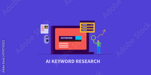 SEO professional using AI virtual assistant for keyword research program, web interface showcase precise keyword competition data for targeted search terms. 