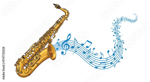 A golden saxophone with flowing musical notes creating a beautiful melody.