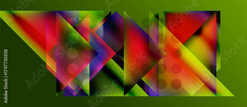 Abstract geometric composition. Vibrant colors blend, creating dynamic triangular shapes plus translucent circles on green background.