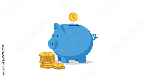 A blue piggy bank with a coin being dropped into its slot and a stack of coins next to it.