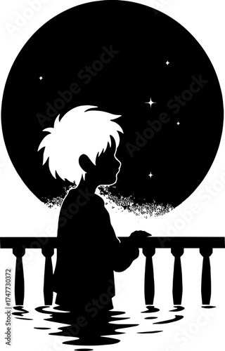 black and white Silhouette of anime child watching stars from balcony - peaceful aesthetic with white background