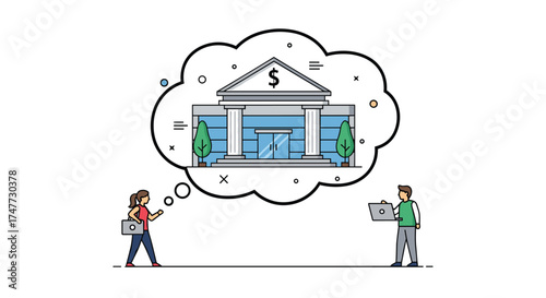 People contemplating the concept of a bank and financial services.