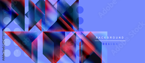 Abstract geometric design. Blue, red gradients create dynamic shapes. Modern background with text elements present.