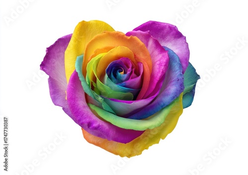 Vibrant rainbow rose, heart-shaped