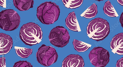 A vibrant pixel art pattern featuring fresh red cabbage heads and slices on a bright blue background.