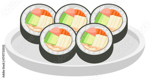Vector illustration of Korean kimbap rolls with rice, vegetables, egg, and crab stick on plate, colorful traditional Korean snack.