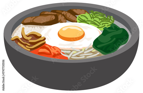Vector illustration of Korean bibimbap rice bowl with egg, vegetables, and beef, colorful traditional Korean meal in stone bowl.