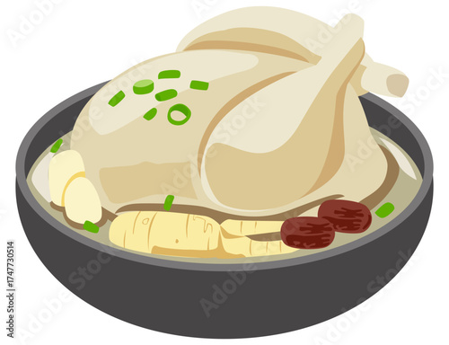 Korean samgyetang vector illustration with whole chicken, ginseng, garlic, and dates in hot broth, healthy Korean soup dish.