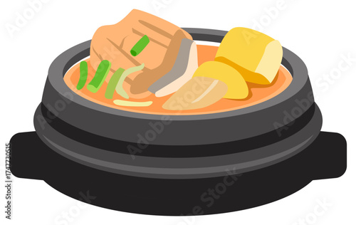 Korean kimchi jjigae vector illustration with tofu, pork, potato, and green onion in spicy broth, traditional Korean stew.