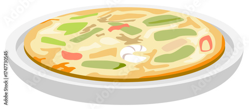 Vector illustration of Korean pajeon seafood pancake with green onion and vegetables, traditional savory Korean dish.