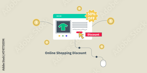 Ecommerce product page highlights discount offers, cursor taps on buy button, enhances online shopping experience and boost sales.