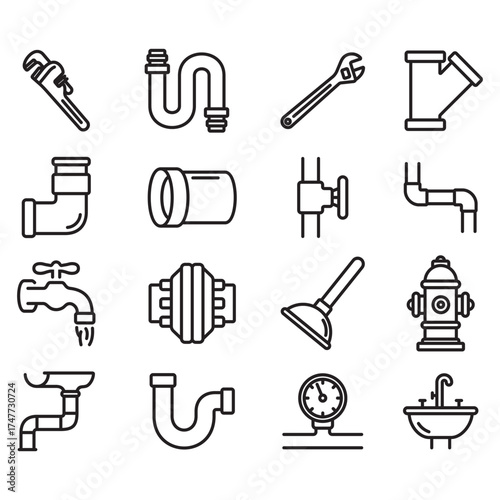 A collection of plumbing icons. Thin line vectors. Contains icons of various shapes and types of pipes, ducts, and more.