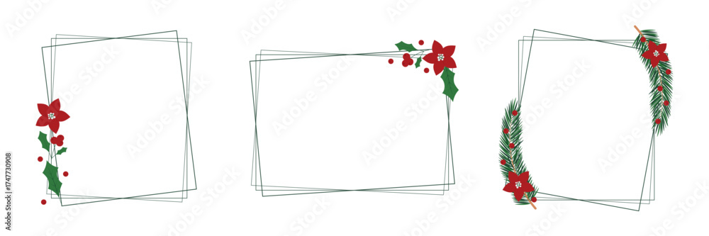 Obraz premium Set of square Christmas frames with green evergreen and holly branches, poinsettia flower, winter berries. Decorative elements for design, card, invitation, sale, photo.