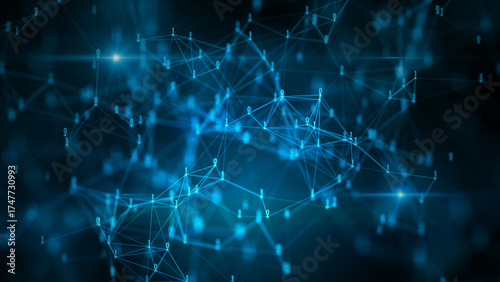 Futuristic Binary Data Network with Digital Connections and Glowing Blue Nodes on Dark Background. 3D Redndering