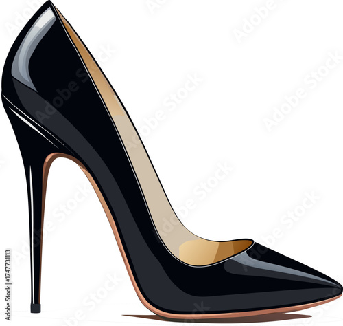 A realistic, elegant high-heeled stiletto shoe in glossy black leather. The shoe features a pointed toe and a thin, tall heel with a sleek and shiny finish. The leather reflects soft light, showing te
