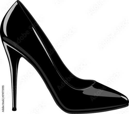 A realistic, elegant high-heeled stiletto shoe in glossy black leather. The shoe features a pointed toe and a thin, tall heel with a sleek and shiny finish. The leather reflects soft light, showing te