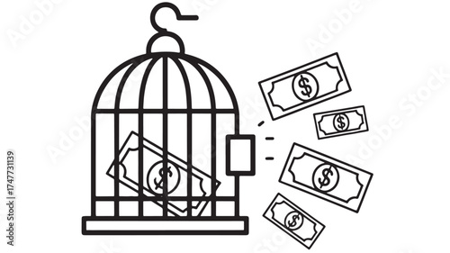 Money escaping from an open birdcage, symbolizing financial freedom or loss.