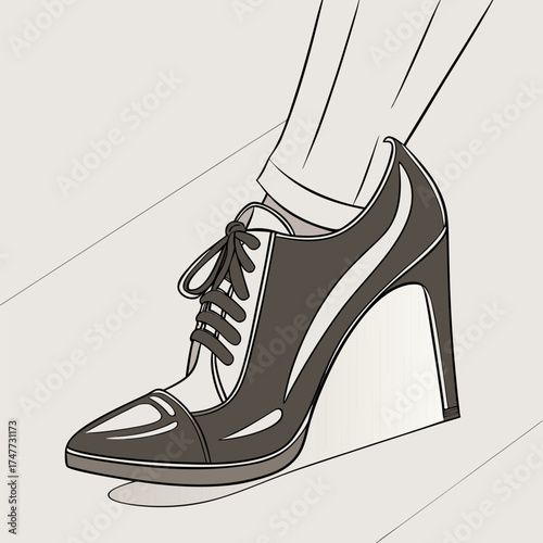 A realistic, elegant high-heeled stiletto shoe in glossy black leather. The shoe features a pointed toe and a thin, tall heel with a sleek and shiny finish. The leather reflects soft light, showing te