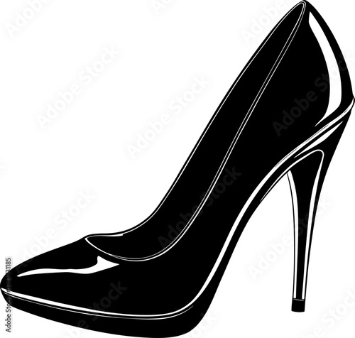 A realistic, elegant high-heeled stiletto shoe in glossy black leather. The shoe features a pointed toe and a thin, tall heel with a sleek and shiny finish. The leather reflects soft light, showing te