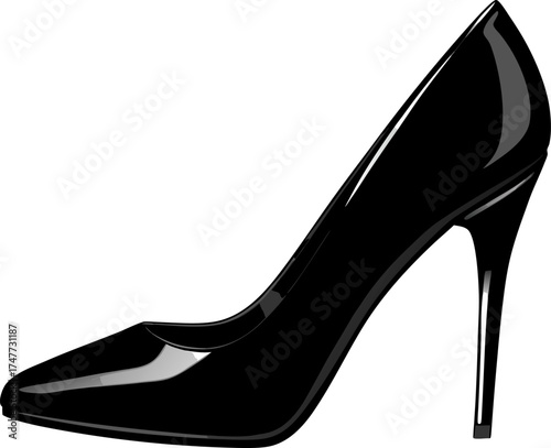 A realistic, elegant high-heeled stiletto shoe in glossy black leather. The shoe features a pointed toe and a thin, tall heel with a sleek and shiny finish. The leather reflects soft light, showing te