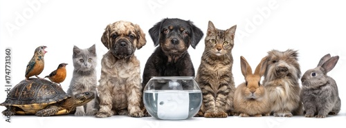 Row of various small pets, including dogs, cats, birds, rabbits, and a turtle, seated in front of a fishbowl