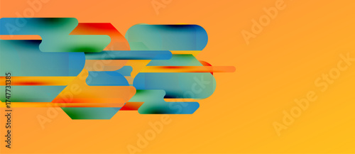 Abstract shapes overlap, creating vibrant color blends. Orange background provides contrast, dynamic composition visible.