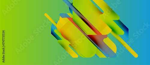 Abstract shapes overlap, creating vibrant color gradients. Green, yellow, orange, blue hues blend seamlessly. Modern design, dynamic composition.