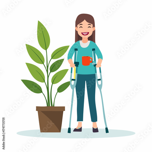 A smiling woman with crutches stands next to a potted plant, holding a mug.