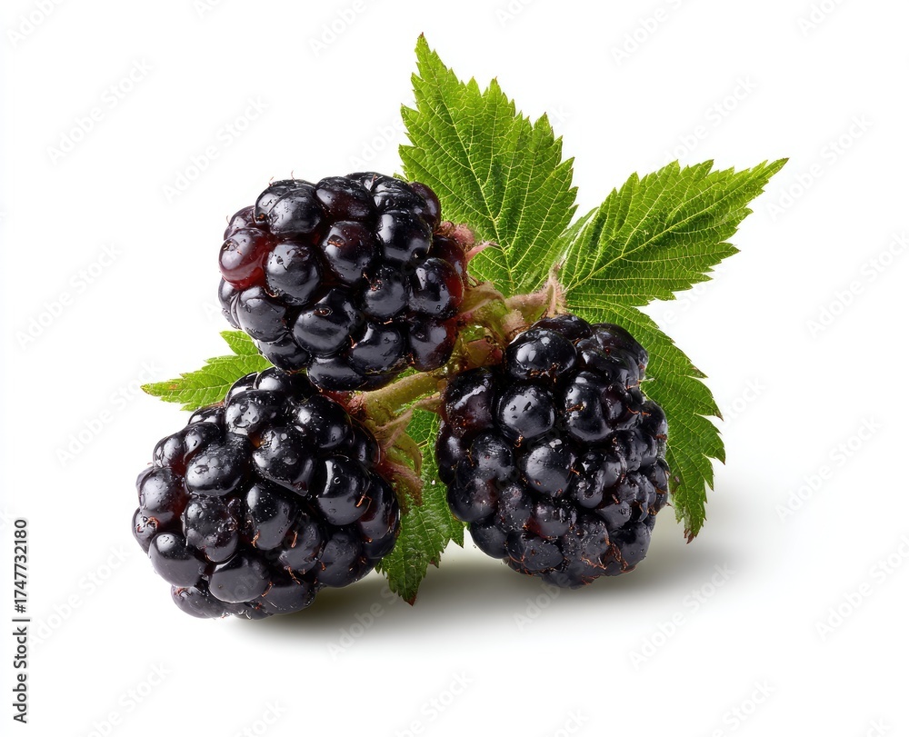 Fototapeta premium Three plump blackberries with leaves (1)