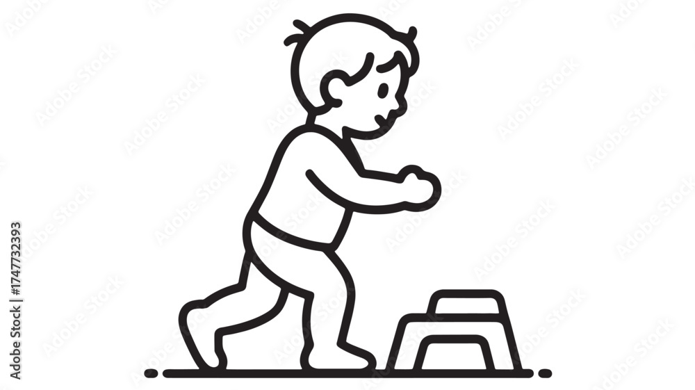 Fototapeta premium Toddler taking first steps onto a small platform, symbolizing growth and development.