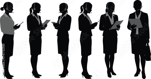 Professional women in business attire working with tablets, clipboards, and documents — corporate teamwork, communication, and office roles vector illustration