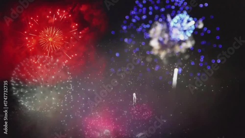 Close up of colorful fireworks in the night, Christmas and New year design background concepts 
