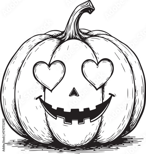 An expressive, grinning jack-o'-lantern with heart-shaped eyes carved out, a symbol of affection and Halloween spirit.