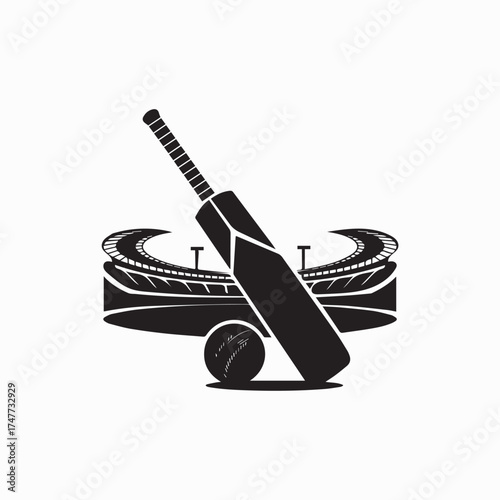 Dynamic silhouette of cricket bat ball and stadium capturing the essence of the sport for promotional content vector