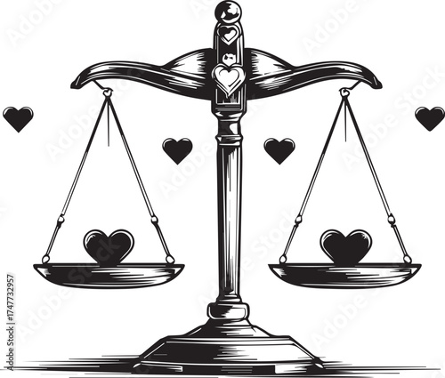 An illustrated justice scale elegantly balances hearts, conveying a concept of emotional equilibrium, balance and love.