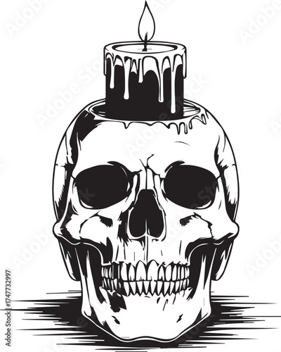 A black and white illustration depicts a human skull with a candle atop it, evoking a sense of mystery and the passage of time. The intricate details bring forth the symbolism of life.