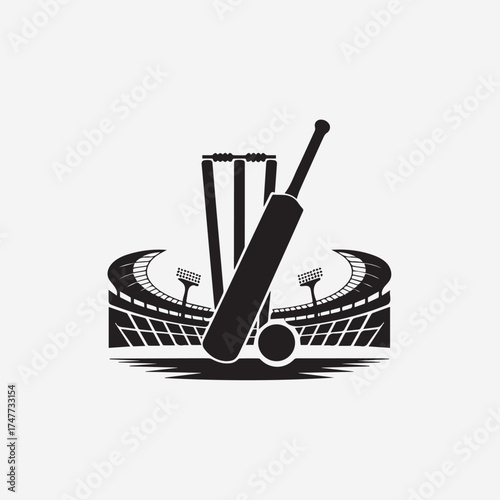Cricket game icon with stadium bat ball and wicket silhouette for sports branding and design elements professional sporting equipment illustration vector