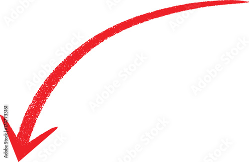 Red curved arrow pointing down and left on a white background. Grunge-style brush texture for emphasis or direction in design. Ideal for presentations, posters, or infographics.