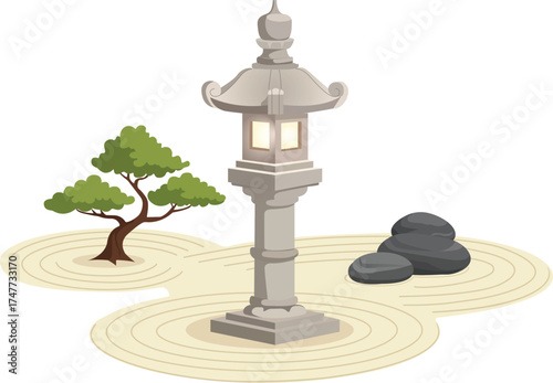 Pixel Art of Japanese Stone Lantern with Tree vector