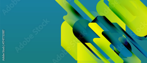 Abstract geometric shapes overlap, creating dynamic visual effect. Bright green contrasts with teal background. Modern design elements present.