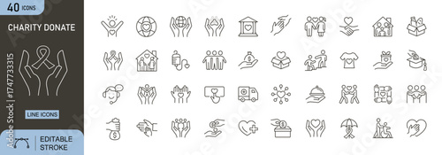 Charity and Donation icons set. Includes icons for heart, hand, giving, help, support, fund, volunteer, contribution, love, and kindness. Editable stroke. Line icons. Perfect for infographics.